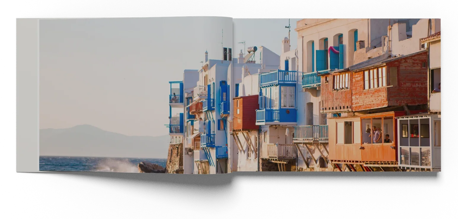 A layflat Fotofee book from the side, one photo of Little Venice across two pages