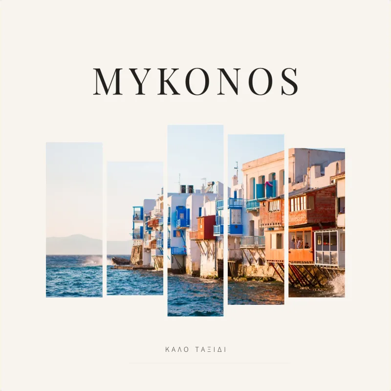 Omslag van het fotoboek Mykonos: vijf stroken van Klein Venetië onder de titel